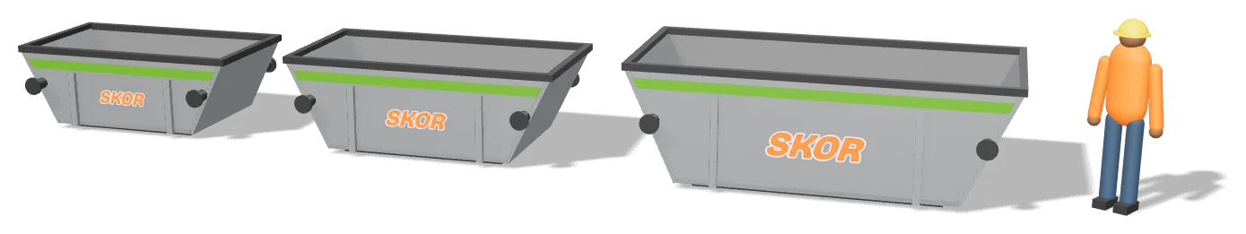 The 2m³, 3m³ and 6m³ skips side by side next to a person for scale